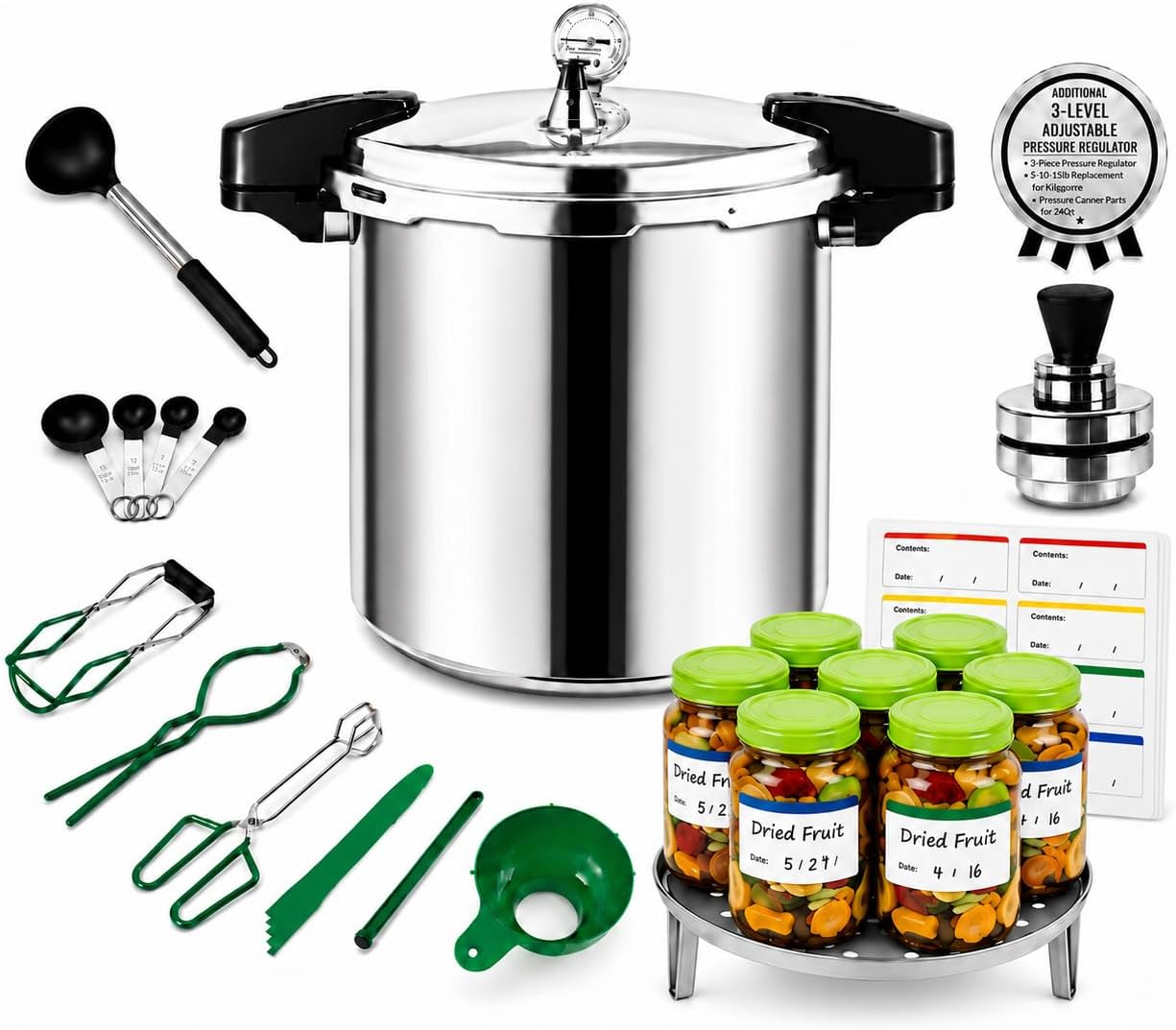 24QT Pressure Canner, 11-Piece Kit, Gas & Induction, 5/10/15 PSI Regulator